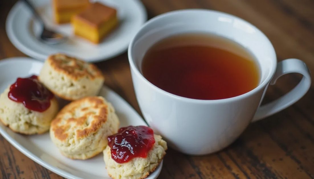 Black tea in a mug with scones, jam, and a small plate of savory bites