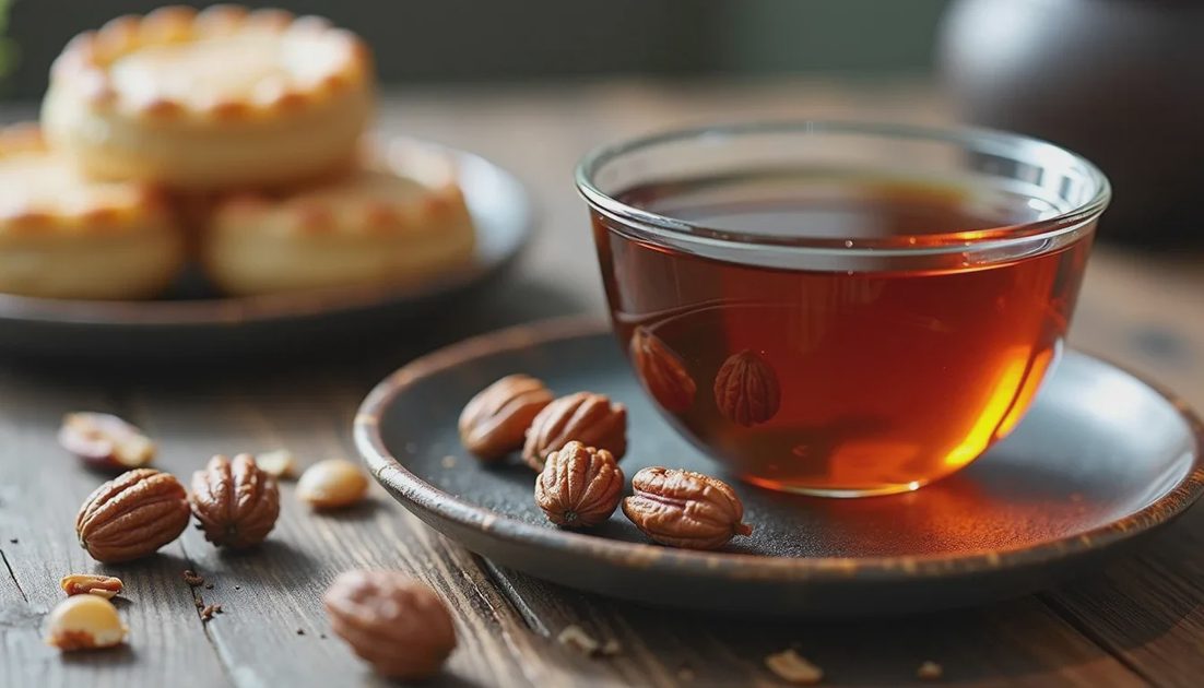 Oolong tea in a small pot with roasted nuts and lightly sweet pastries