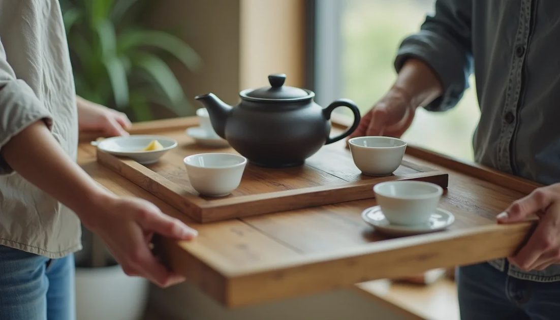 Hands carrying a simple wooden tea tray with pot and cups toward a table
