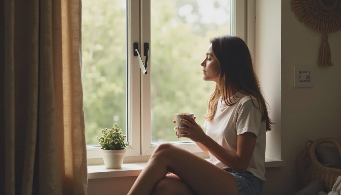 Person sitting with a simple mug of tea by a window in calm afternoon light