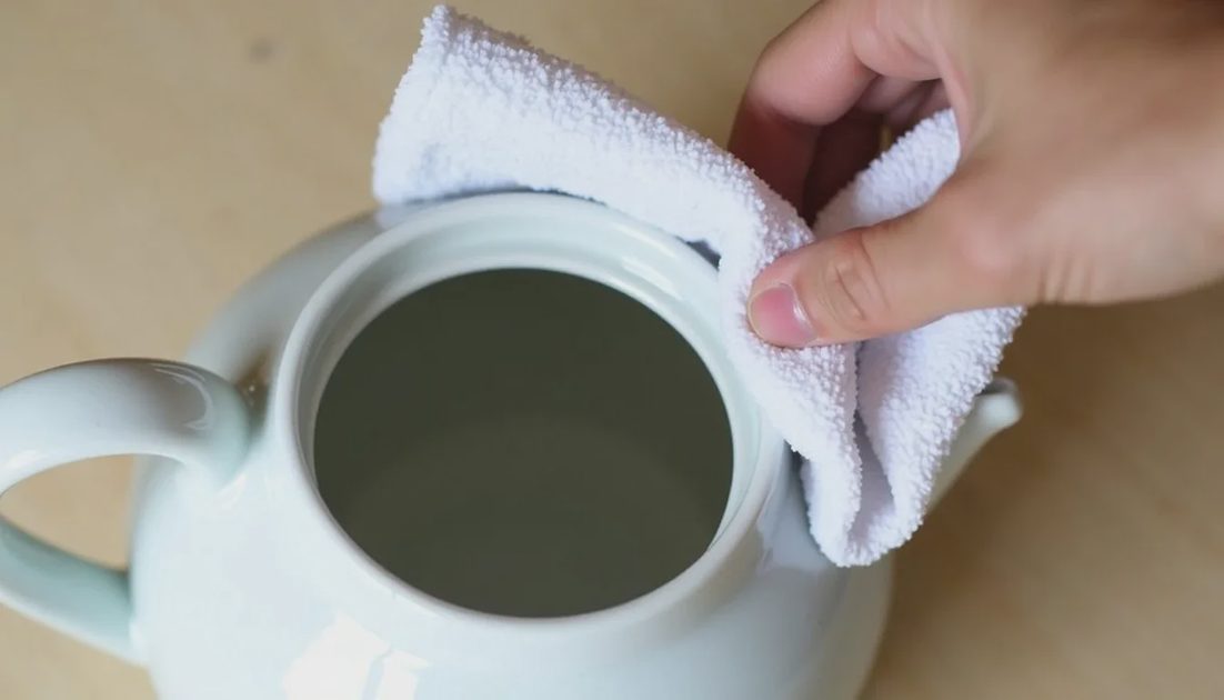 Soft cloth and baking soda being used to gently clean the interior of a ceramic teapot