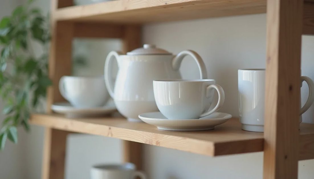 Simple home shelf with a few deliberately chosen tea cups of different shapes