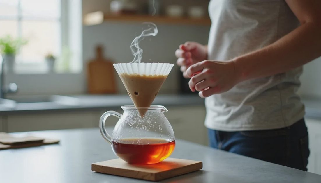 Person brewing tea with a simple, uncluttered setup on a kitchen counter