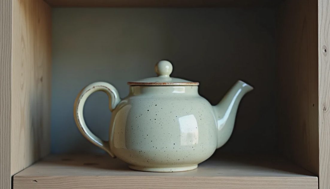 Clean old ceramic teapot stored with lid slightly offset on a quiet shelf