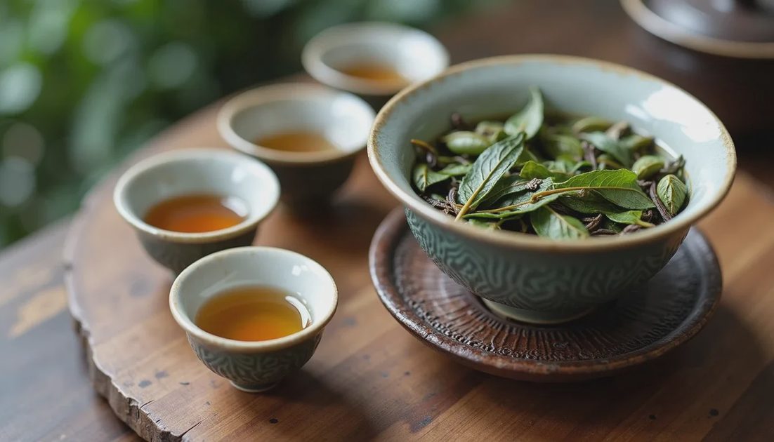 Gaiwan with open oolong leaves and several small tasting cups showing color progression