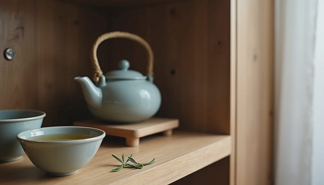 Simple home tea shelf with one gaiwan, one teapot, and one infuser basket