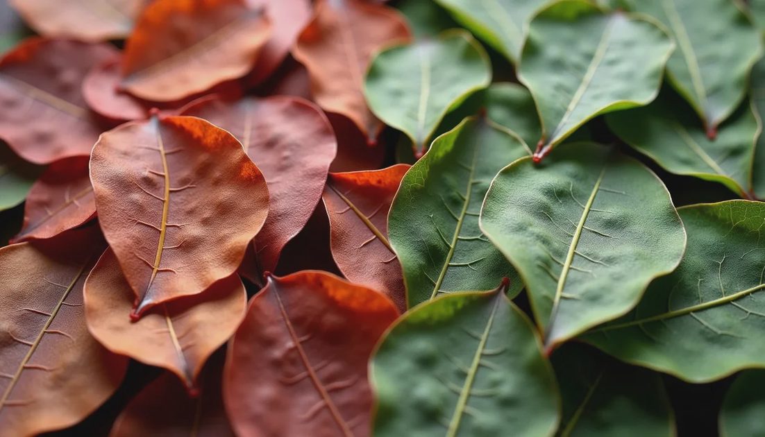 Close-up of raw and ripe pu-erh dry leaves showing color difference