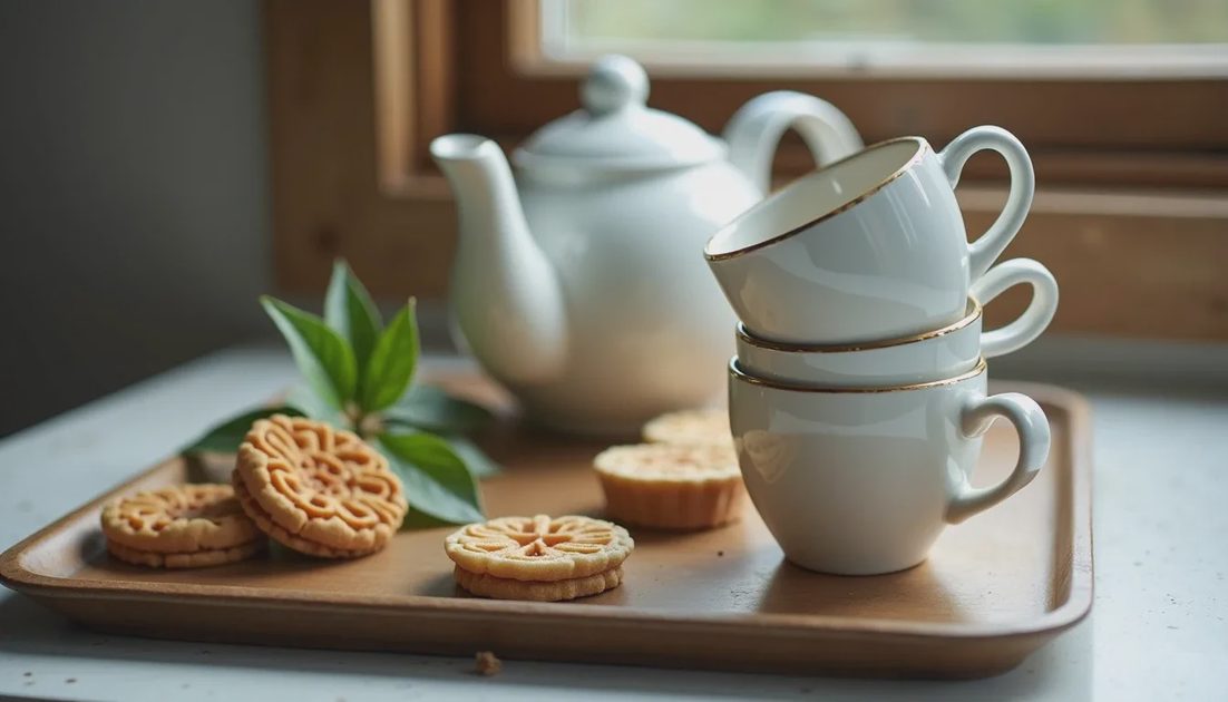 Simple tea gathering cleanup with stacked cups and leftover food on a tray