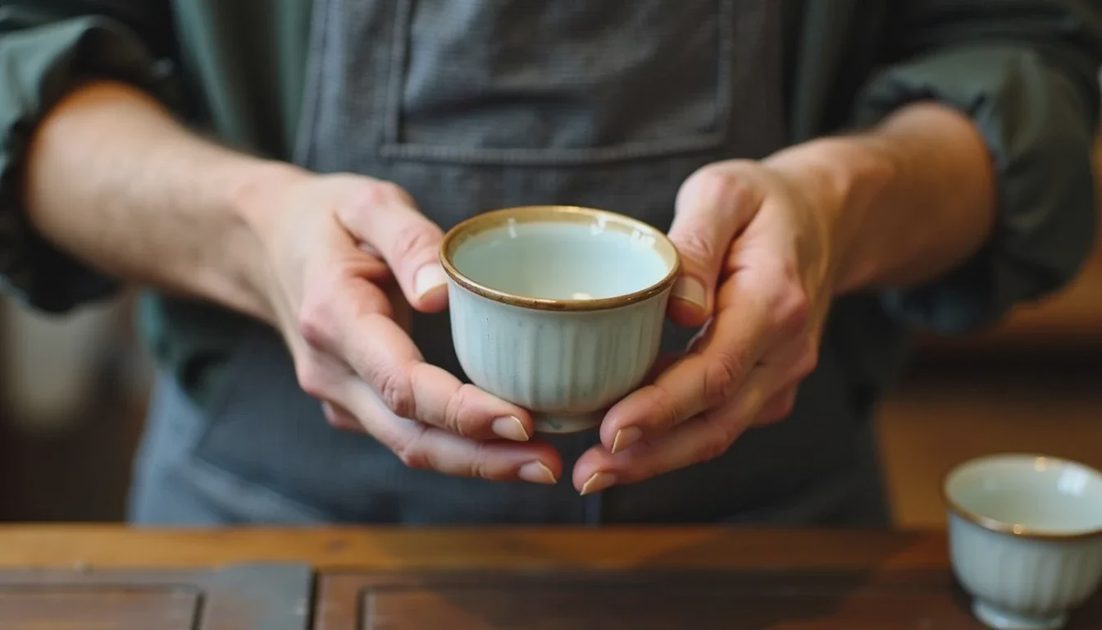Hands demonstrating how to hold and pour from a porcelain gaiwan