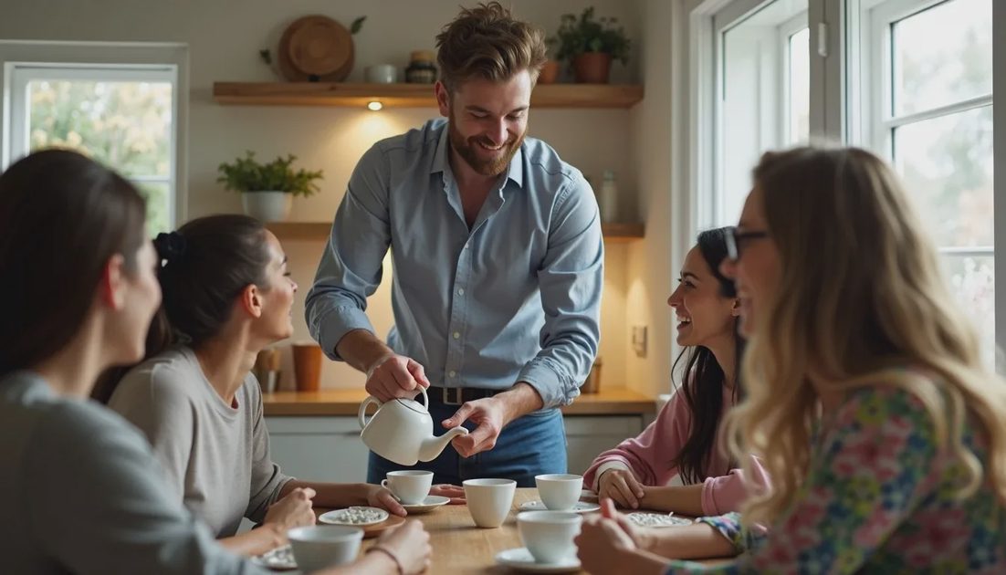 Host pouring tea for a small group of friends at a kitchen table