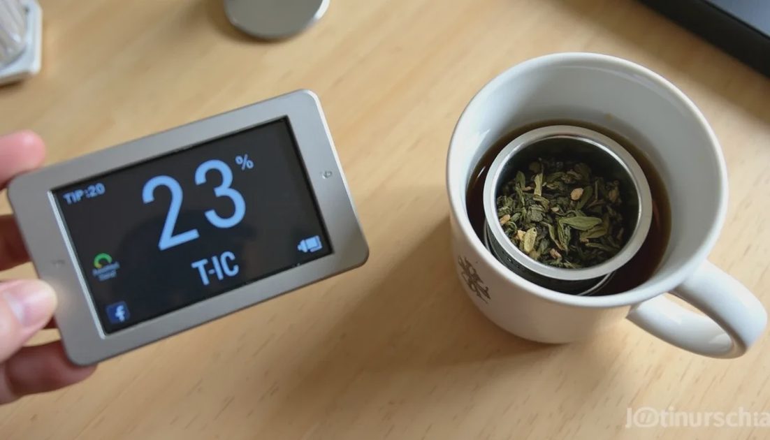 Timer, mug, and infuser basket with loose-leaf tea during a simple morning brew