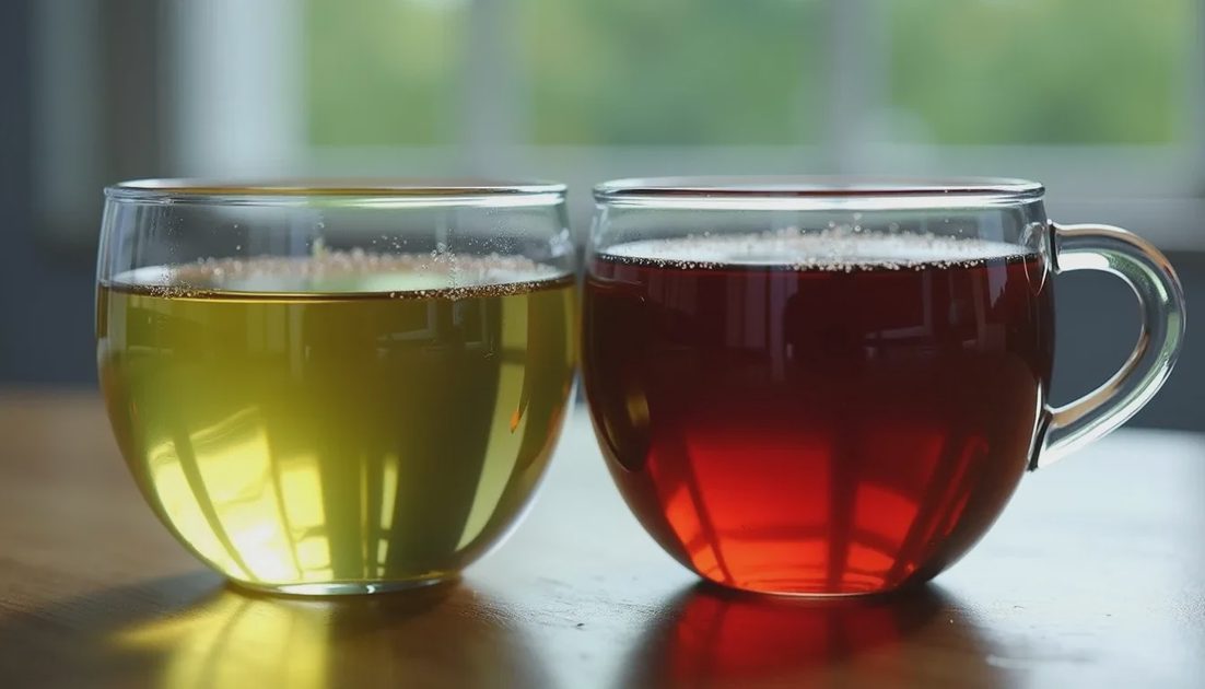 Glass cups of green tea and black tea side by side showing color difference