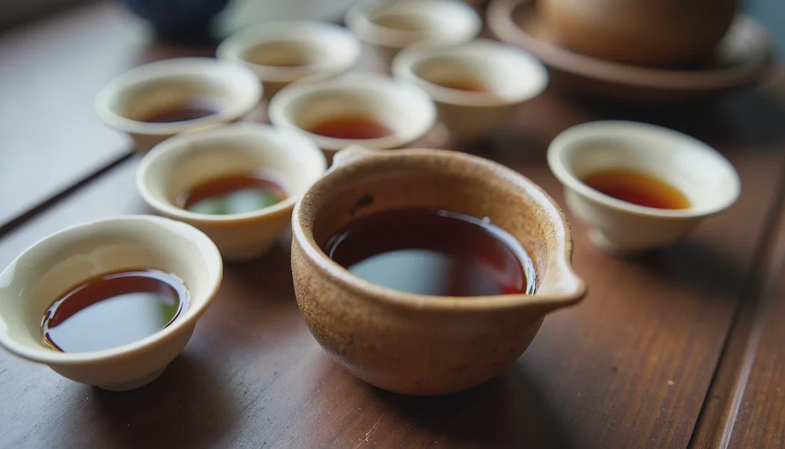 Gaiwan brewing session with pu-erh and multiple small cups showing dark liquor
