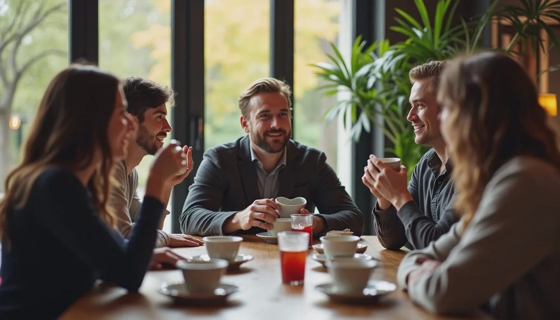 Mixed group of people talking and drinking tea without formal posture or tension
