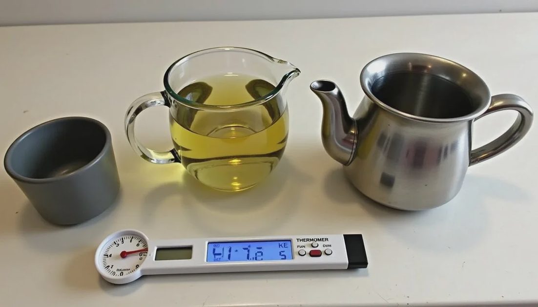 Simple home brewing setup with thermometer, timer, and two teapots for green and black tea