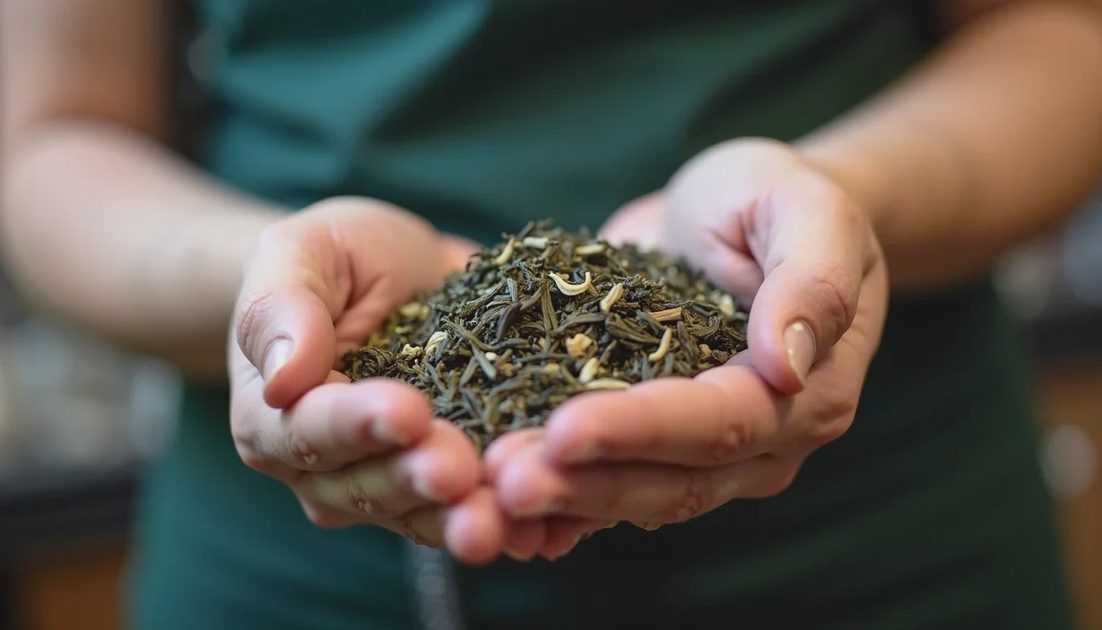 Close-up of dry loose-leaf tea in a staff member’s hand being shown to a customer