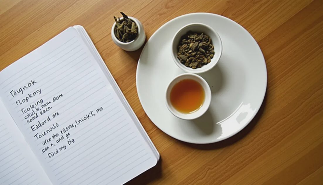 Simple home tasting setup with two oolong samples and tasting notes notebook