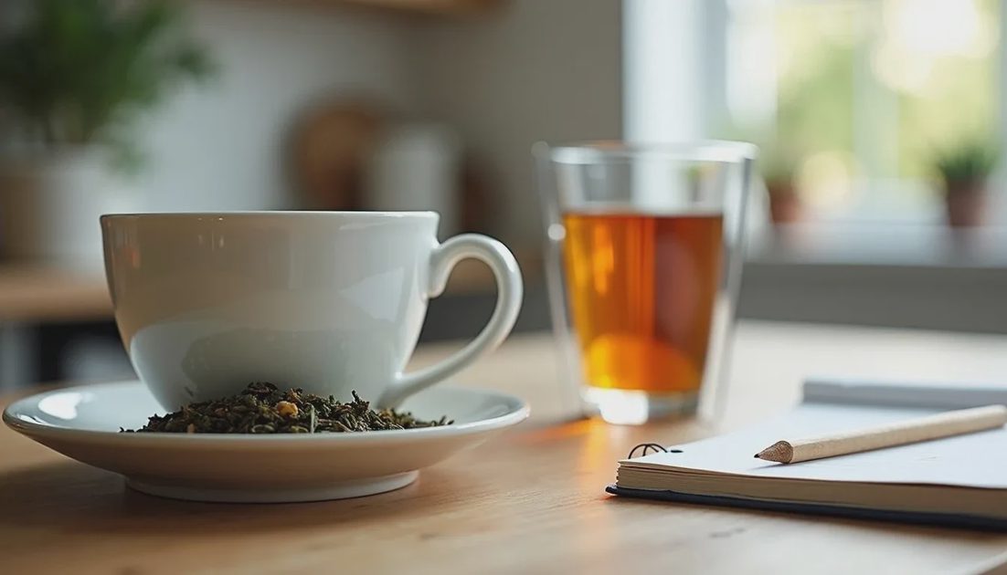 Home kitchen counter with new loose-leaf tea, simple infuser, and notebook for tasting notes