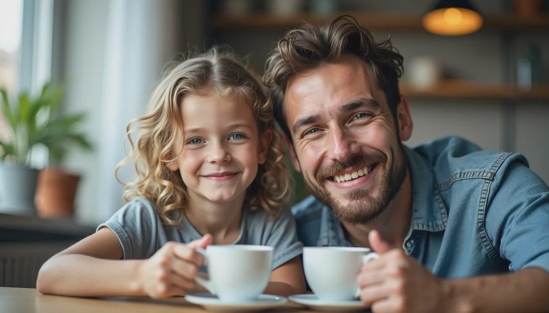 Parent and child sitting together with simple mugs, relaxed weekend morning atmosphere