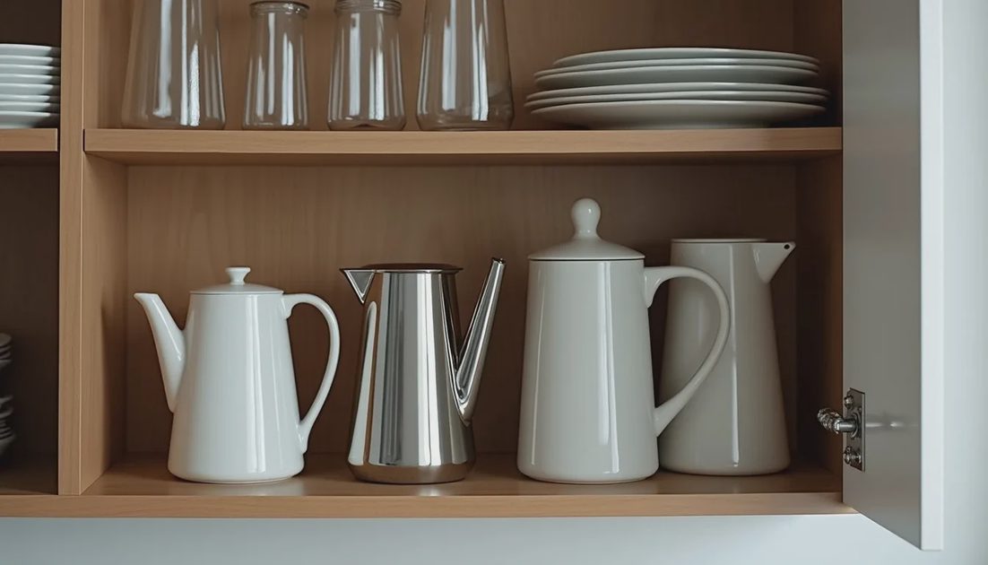 Open kitchen cabinet showing a small, organized tea tool collection without clutter