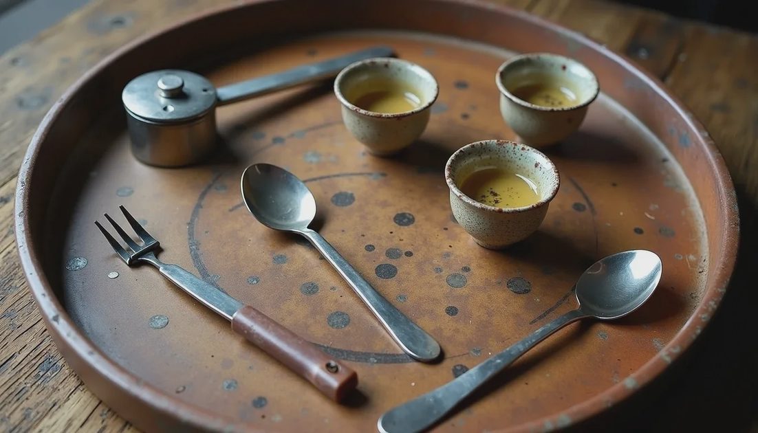 Well-used tea tray with subtle water marks and a lived-in arrangement of tools