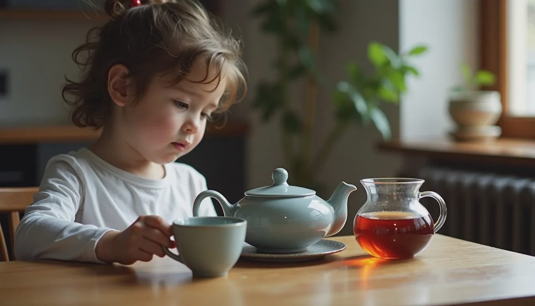 Small cups and a simple teapot on a low table with a child observing the color of the tea